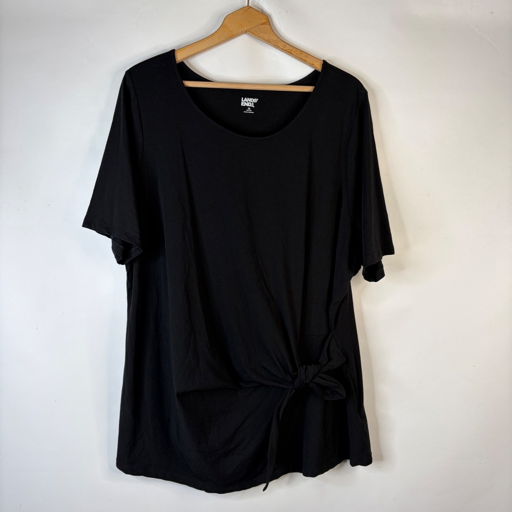 Lands End T-Shirt Women 3X Black Side Tie Knot Hem Scoop Neck Short Sleeve Top
